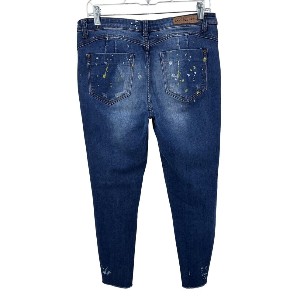 Gogo Star Womens Paint Splatter Skinny Jeans Medium Wash Distressed Size 9 Comfy